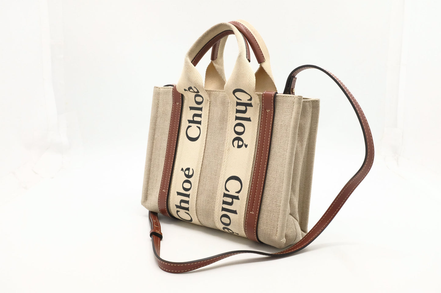 Chloe Woody Small 2-Way Tote in Beige Canvas