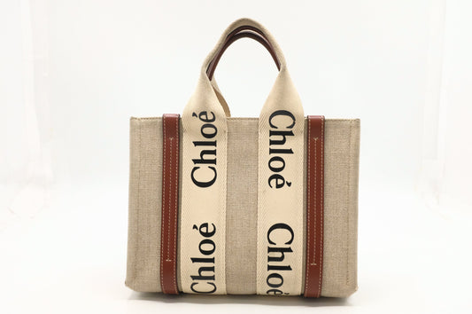 Chloe Woody Small 2-Way Tote in Beige Canvas