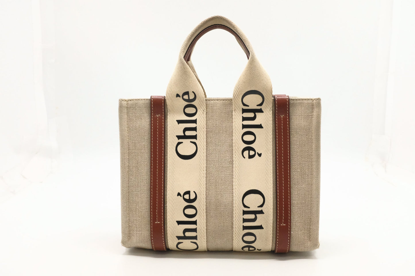 Chloe Woody Small 2-Way Tote in Beige Canvas