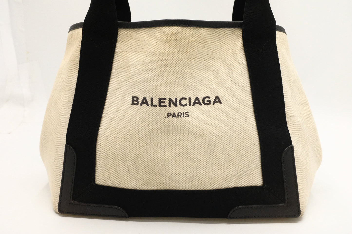 Balenciaga Navy Cabas Small Tote in Ecru and Black Canvas