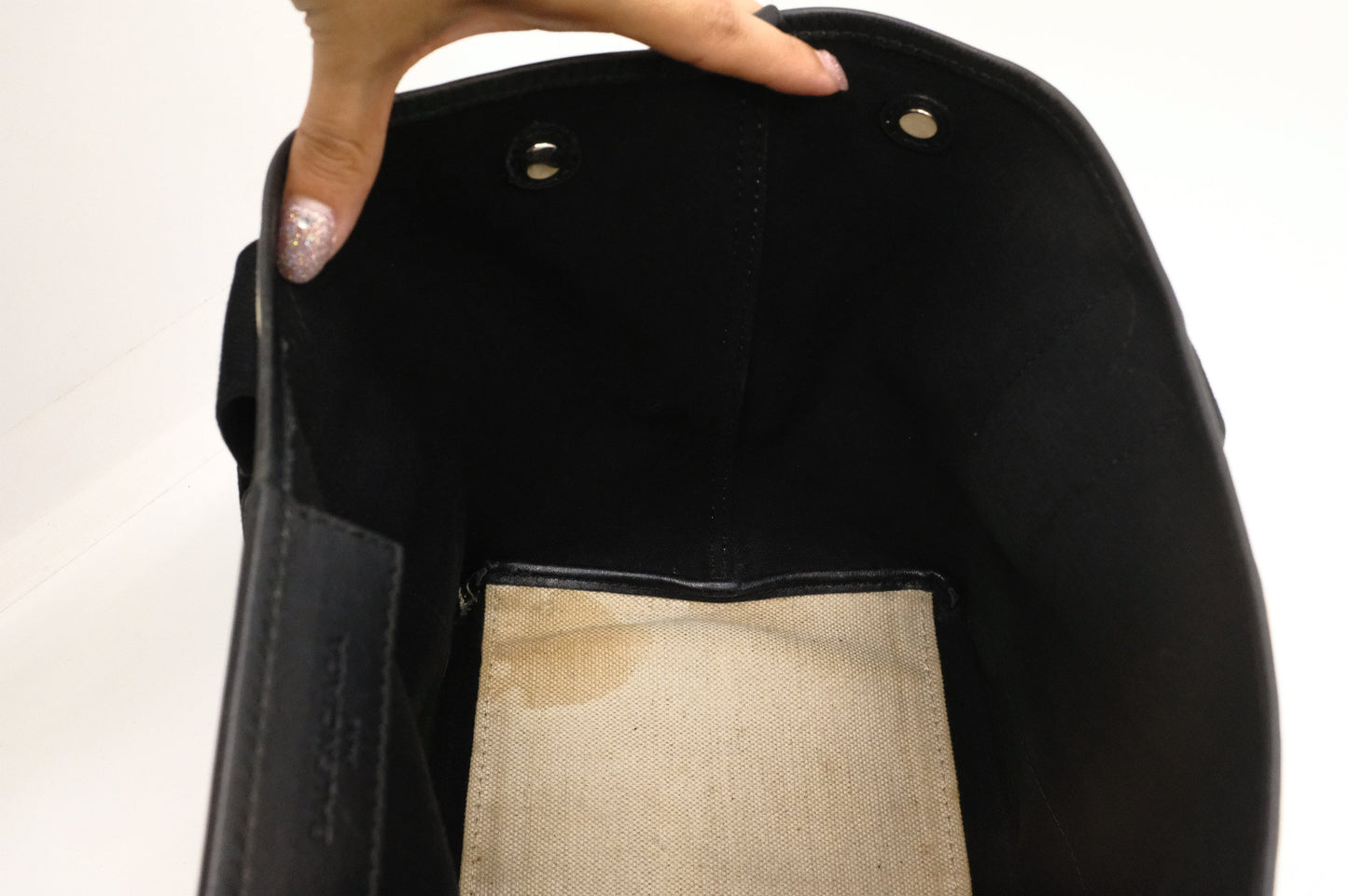 Balenciaga Navy Cabas Small Tote in Ecru and Black Canvas