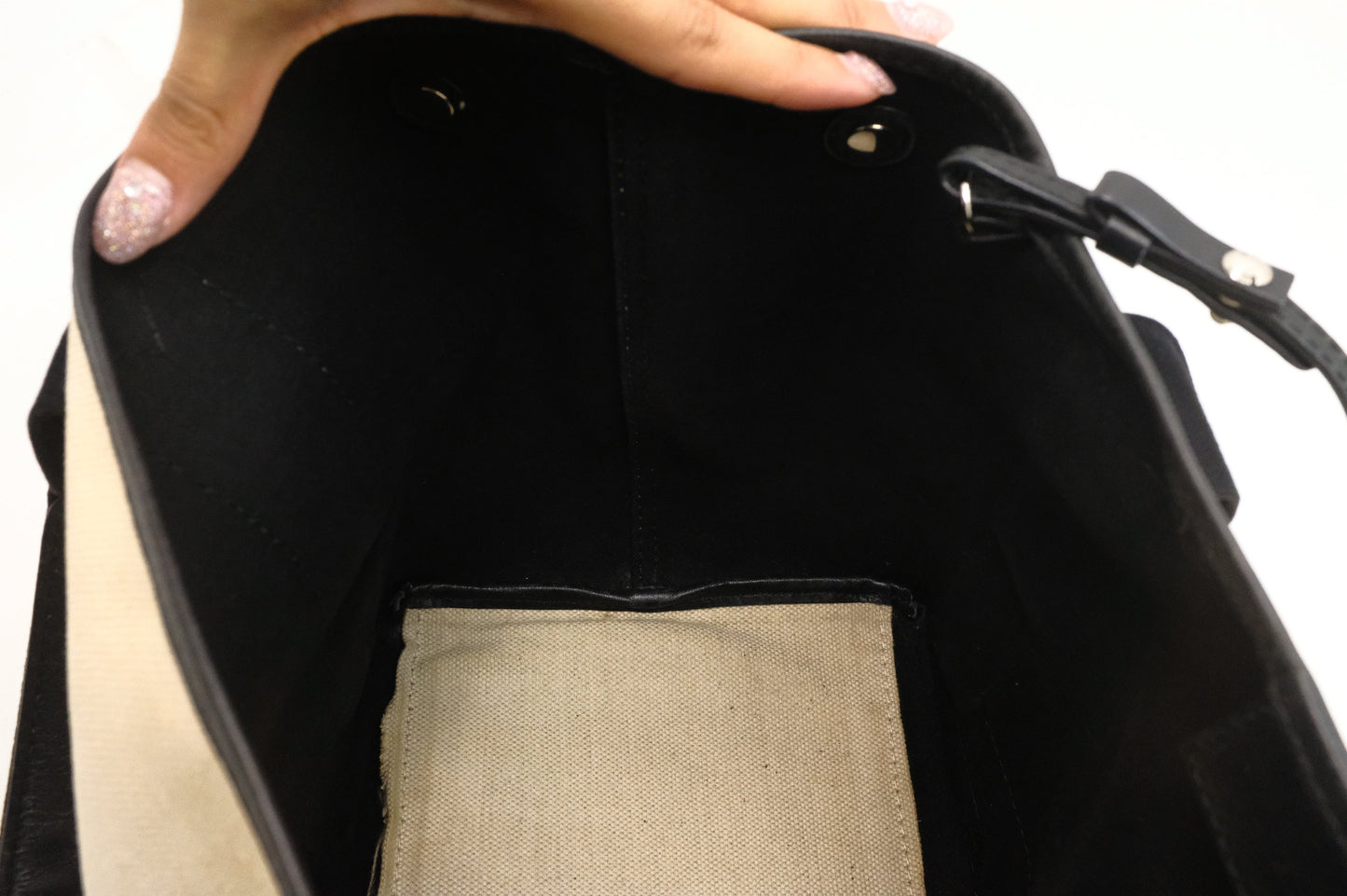 Balenciaga Navy Cabas Small Tote in Ecru and Black Canvas