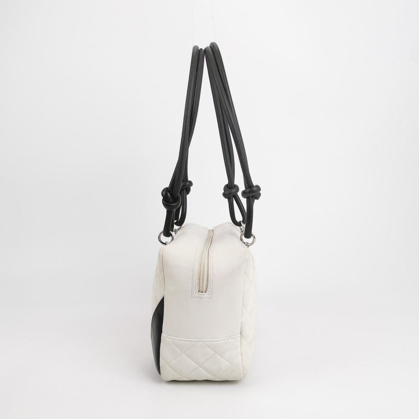 Chanel Cambon Medium Shoulder Bag White Calfskin Leather Black Double Strap