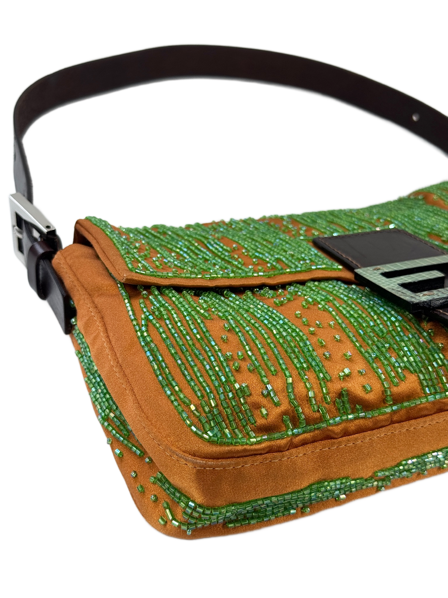 Fendi Vintage Orange Satin Green Beaded Lizard Logo Shoulder Baguette Bag