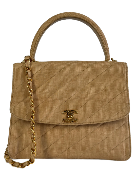 Chanel Vintage 90s Beige Linen Medium Kelly Top Handle & Shoulder Bag