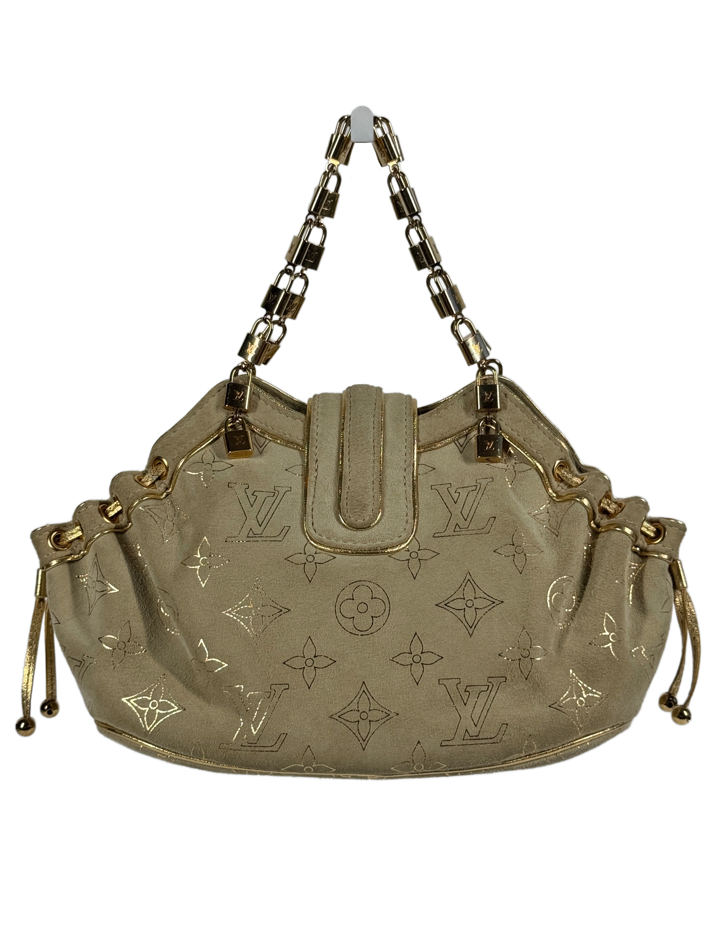 Louis Vuitton Vintage 2004 Beige Suede Gold Monogram Theda Mini Logo Lock Bag