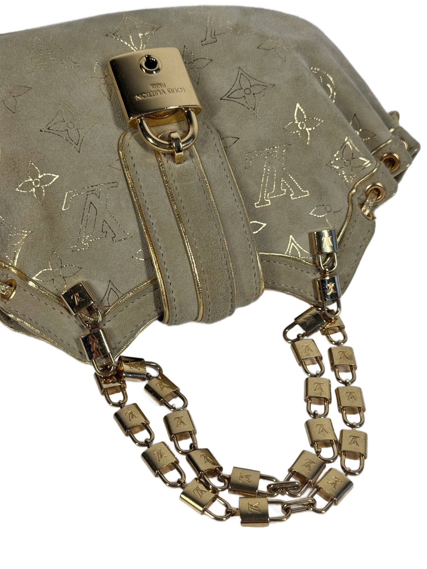 Louis Vuitton Vintage 2004 Beige Suede Gold Monogram Theda Mini Logo Lock Bag
