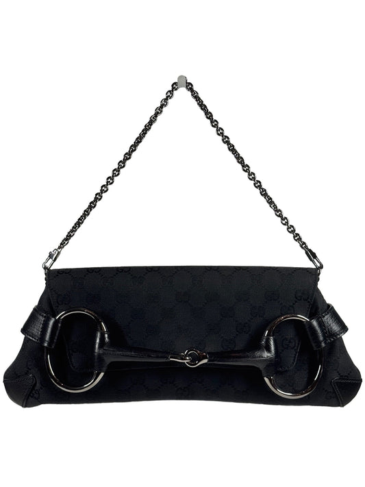 Gucci Vintage Black GG Monogram Horsebit Large Chain Shoulder Clutch Bag