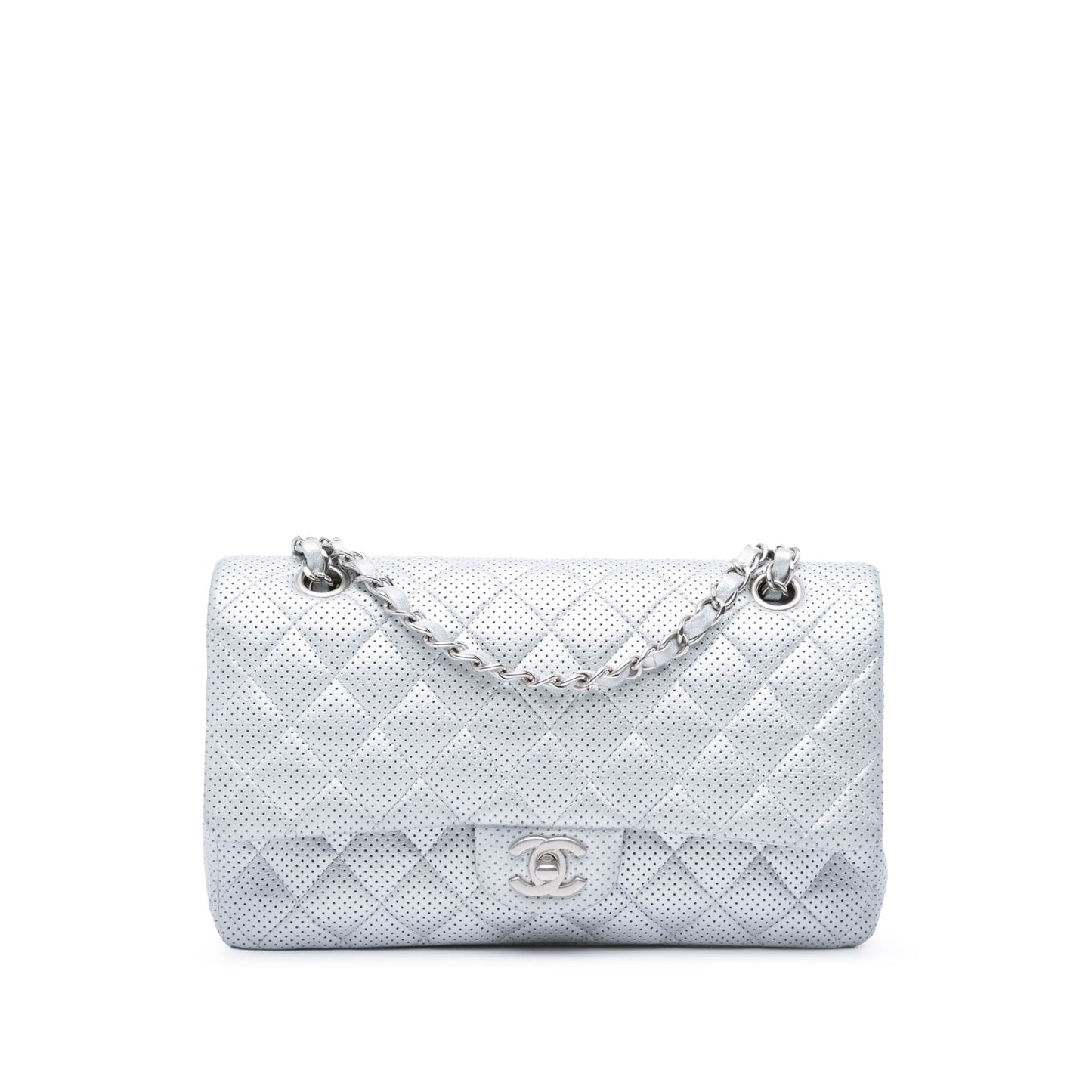 Silver Chanel Medium Classic Perforated Lambskin Double Flap Shoulder Bag