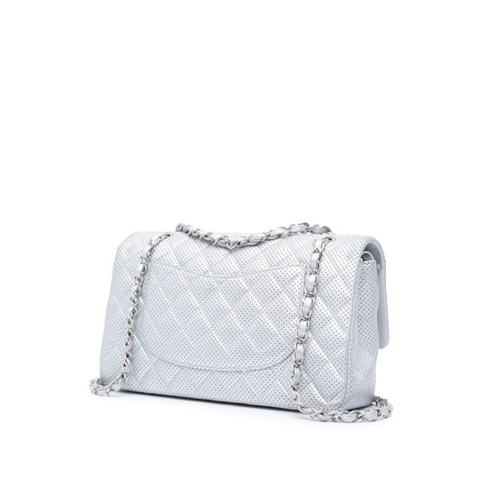 Silver Chanel Medium Classic Perforated Lambskin Double Flap Shoulder Bag