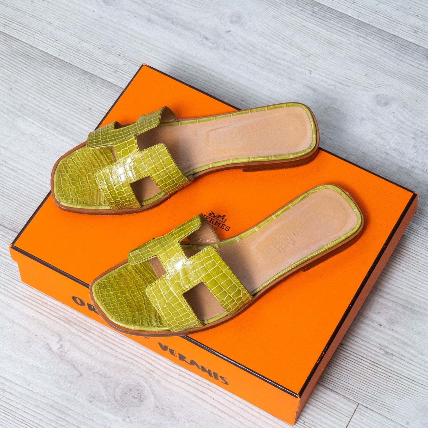 Hermes Veranis Oran Alligator Skin Slider Sandals Size 38