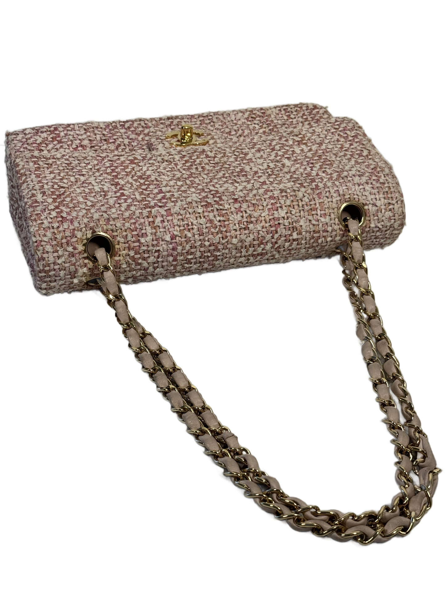 Chanel Vintage 2003 Baby Pink Tweed Medium Classic Double Flap Bag w 24K Gold Plated Hardware