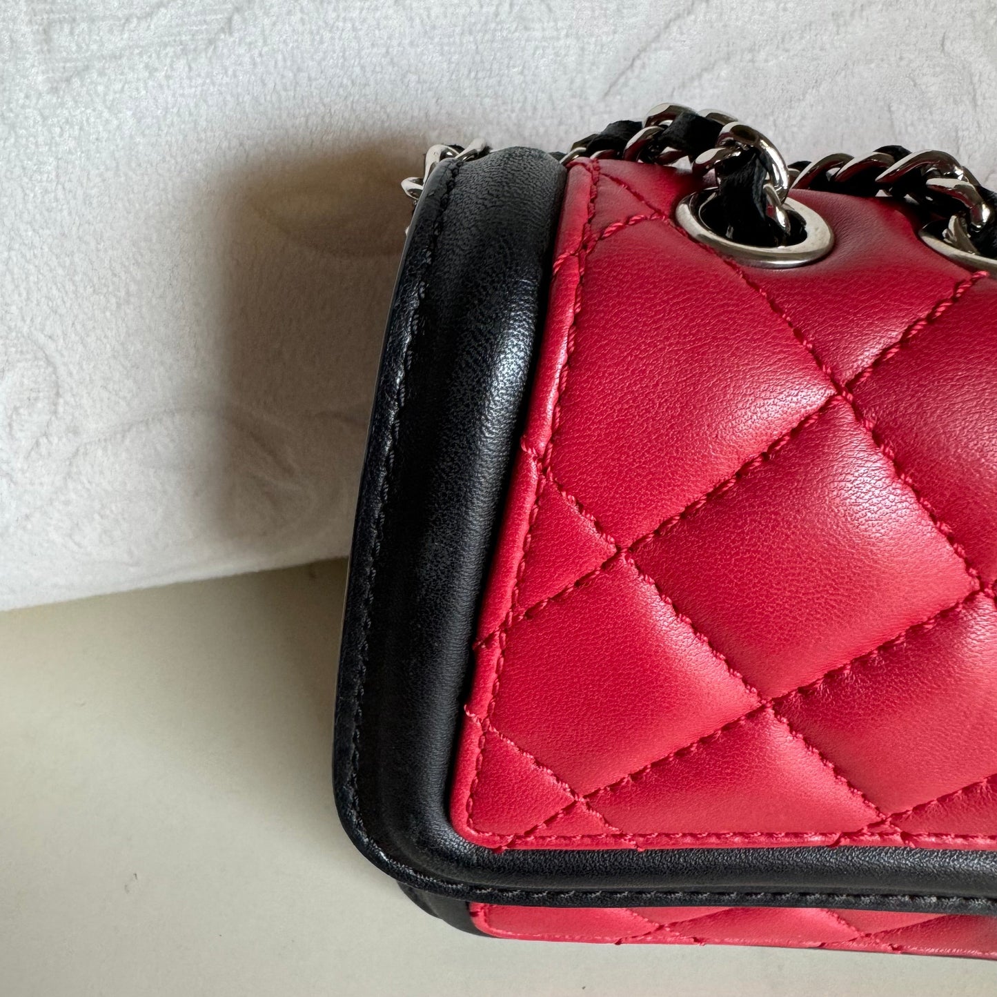 Chanel Baguette Flap Shoulder Bag Lambskin Red and Black Silver Double Chain