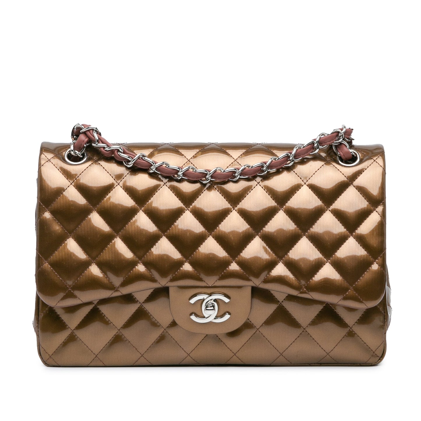 Brown Chanel Jumbo Classic Metallic Patent Double Flap Shoulder Bag