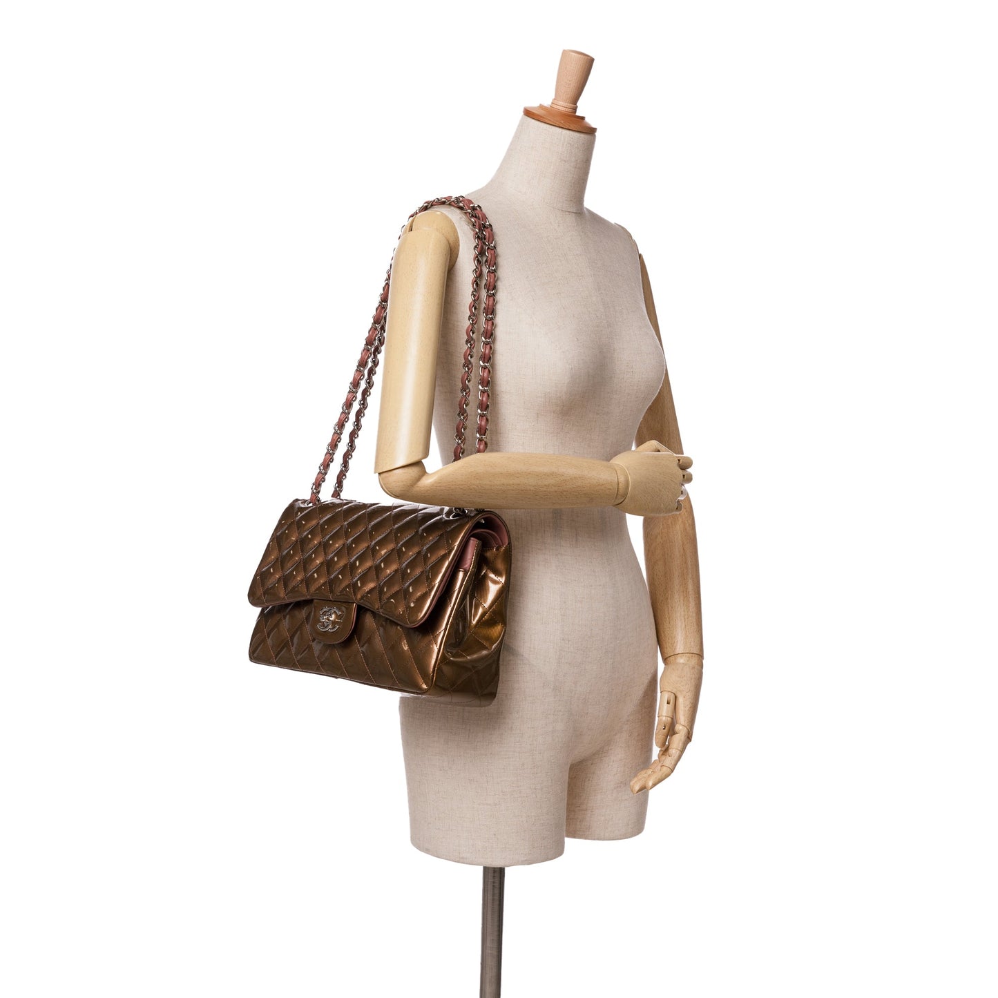 Brown Chanel Jumbo Classic Metallic Patent Double Flap Shoulder Bag
