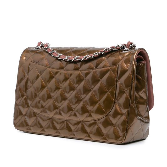 Brown Chanel Jumbo Classic Metallic Patent Double Flap Shoulder Bag
