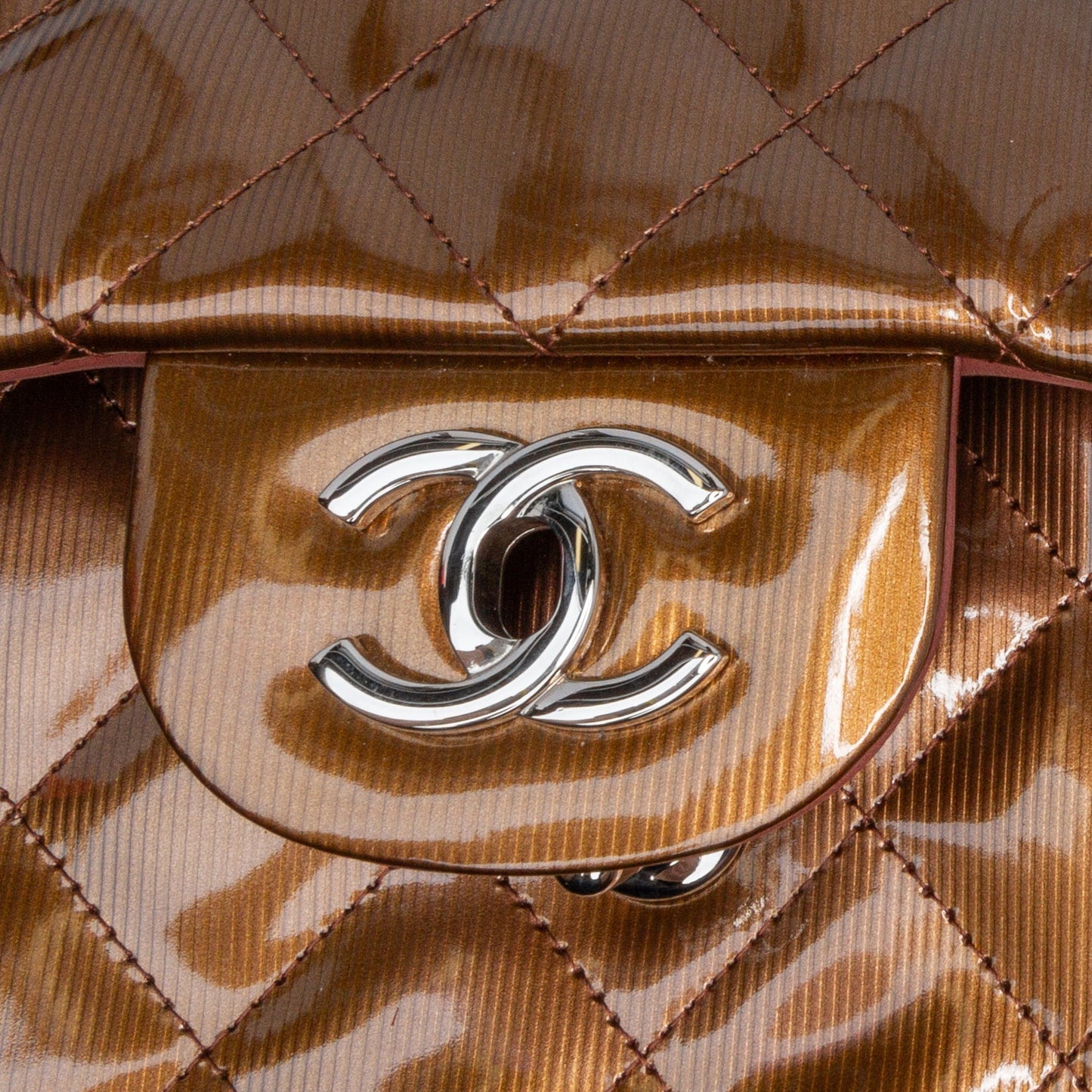 Brown Chanel Jumbo Classic Metallic Patent Double Flap Shoulder Bag
