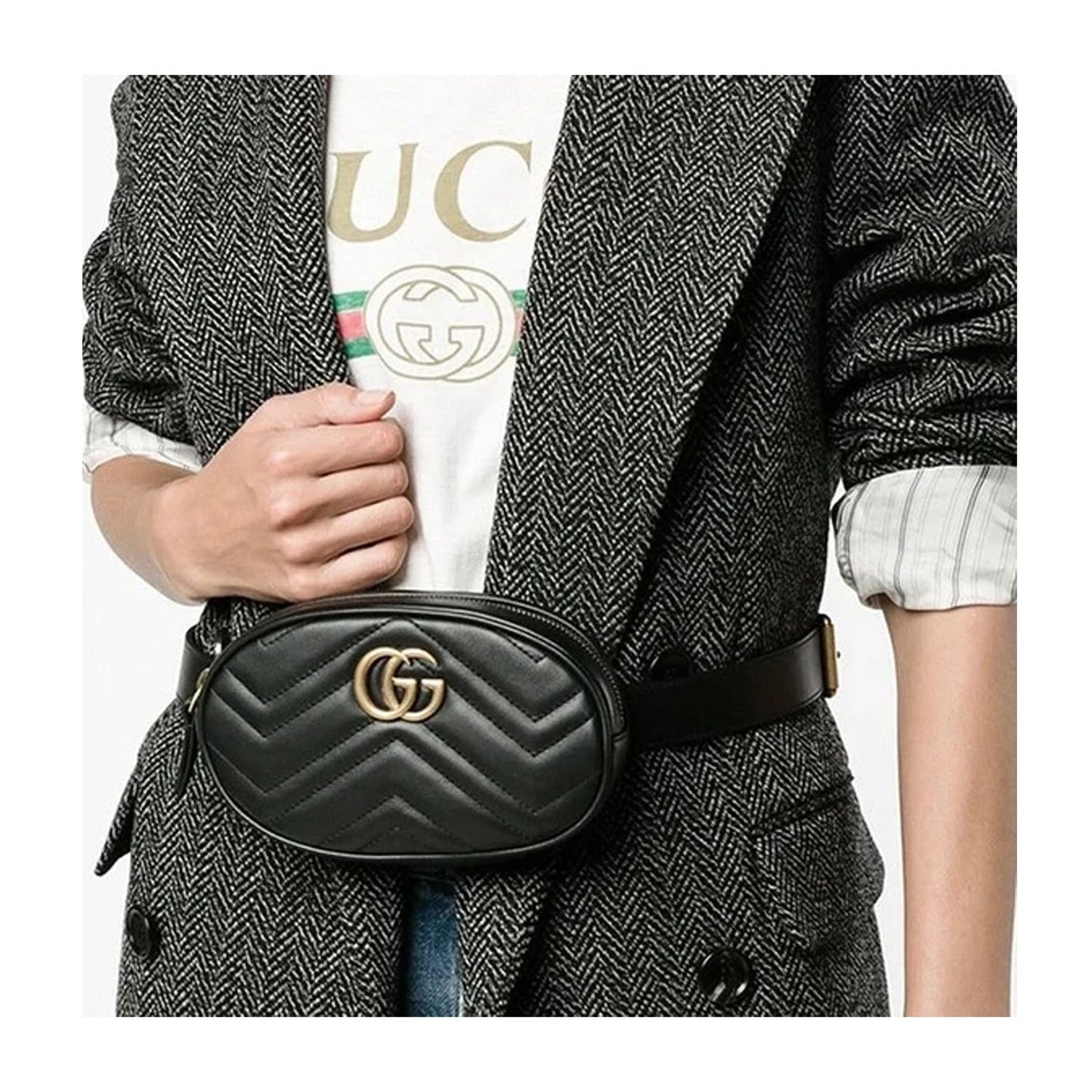 Gucci 476434 DSVRT 1000 Marmont 2.0 Women's Black Matelasse Leather Belt Bag (GG2071)