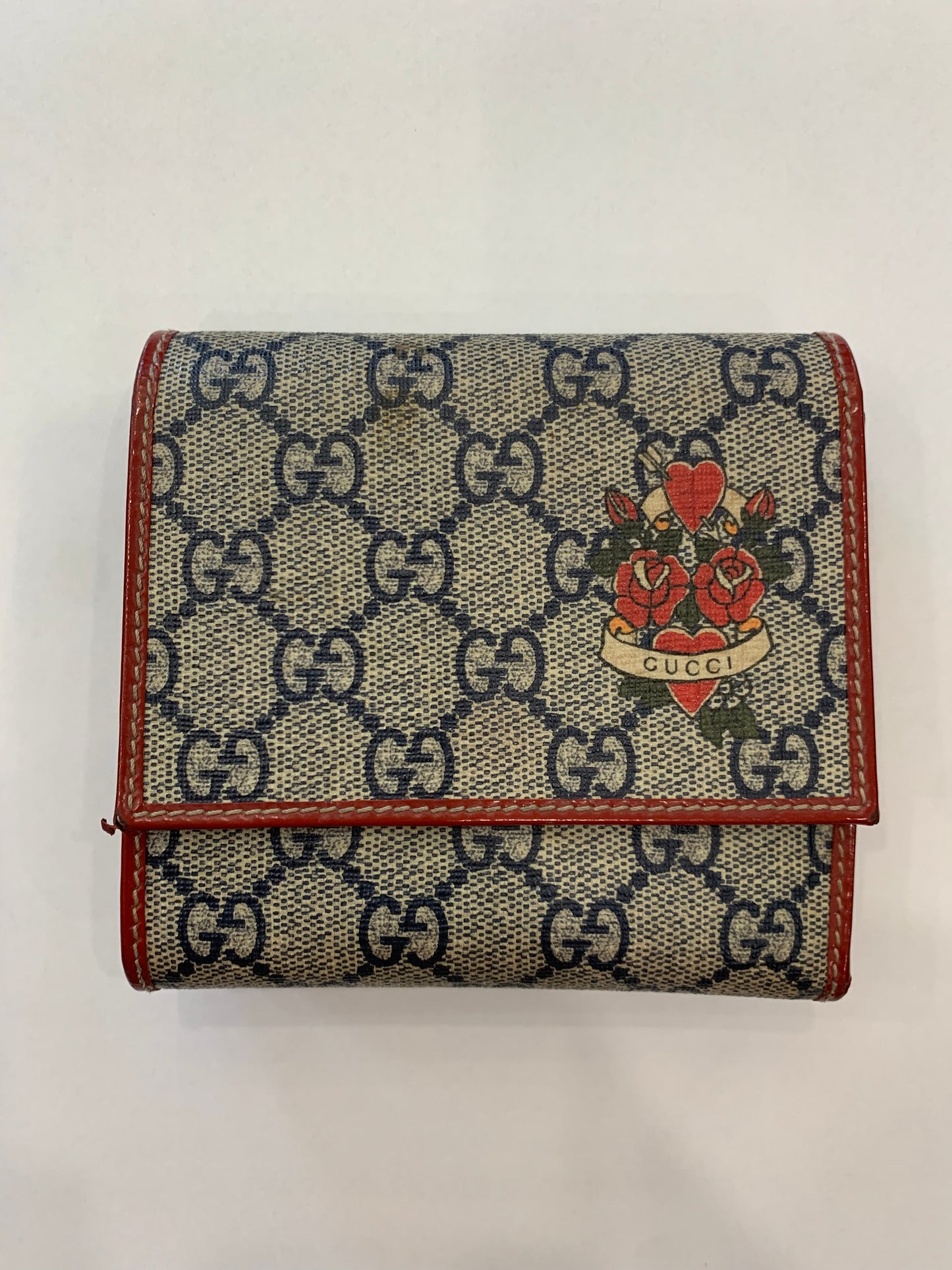 Gucci Vintage GG Plus Tattoo Hearts And Roses Wallet