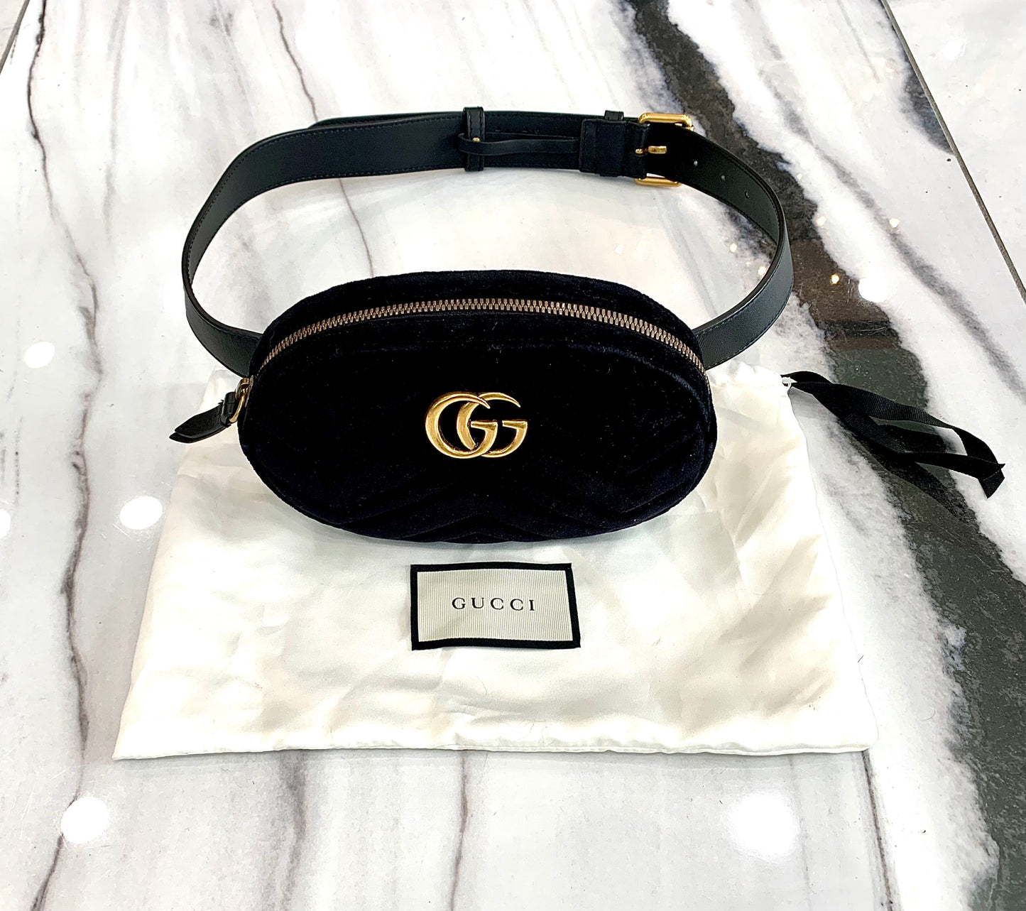 GUCCI VELVET MATELASSE GG MARMONT BELT BAG