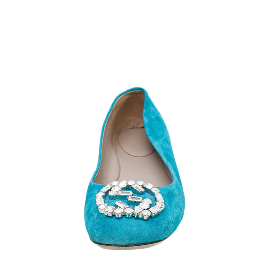 Gucci Turquoise Suede GG Crystal Ballerina 37.5