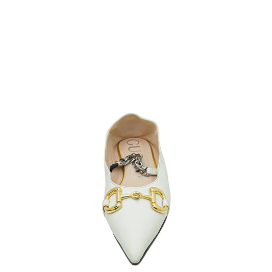 Gucci White Horsebit and Chain Accent Leather Flats 39