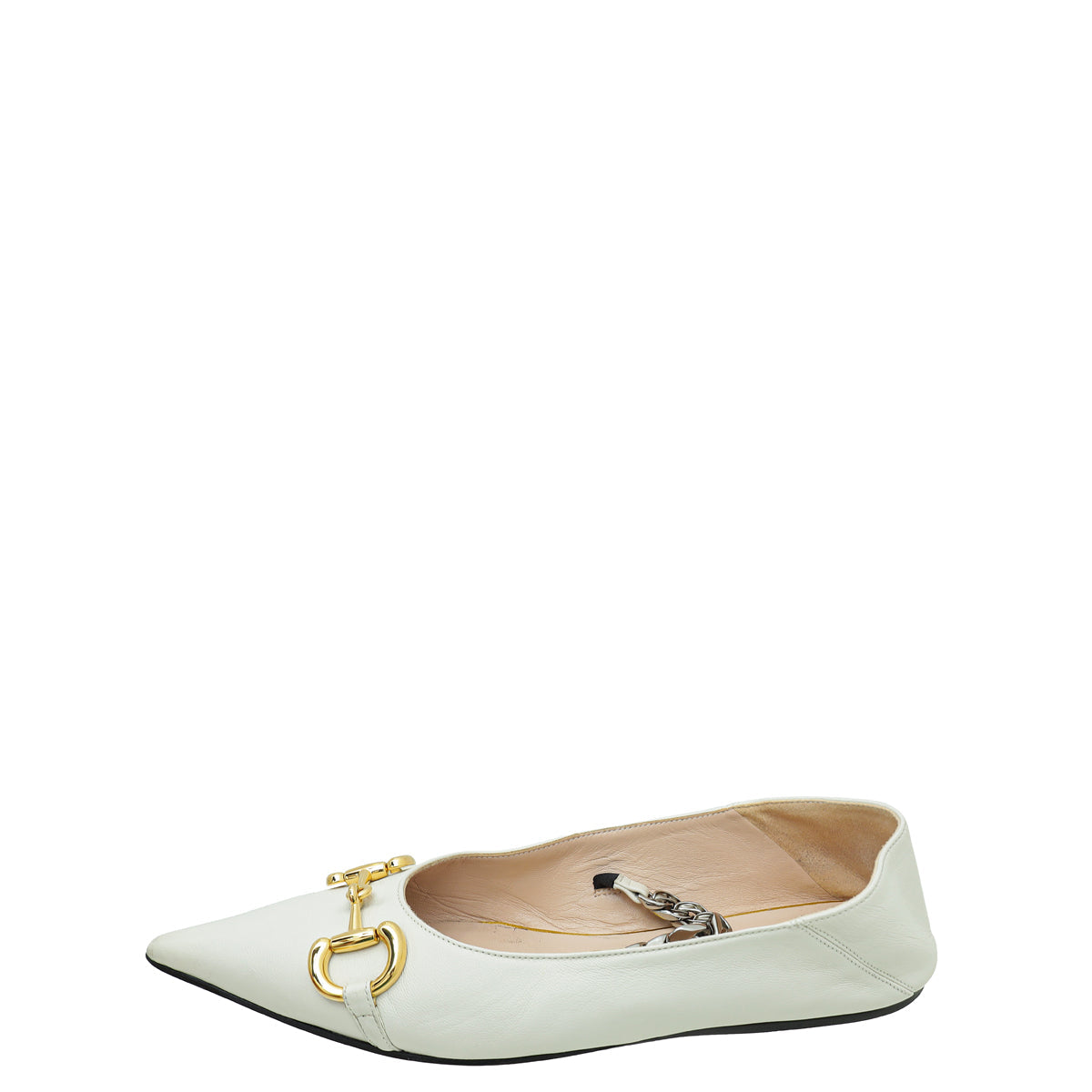 Gucci White Horsebit and Chain Accent Leather Flats 39