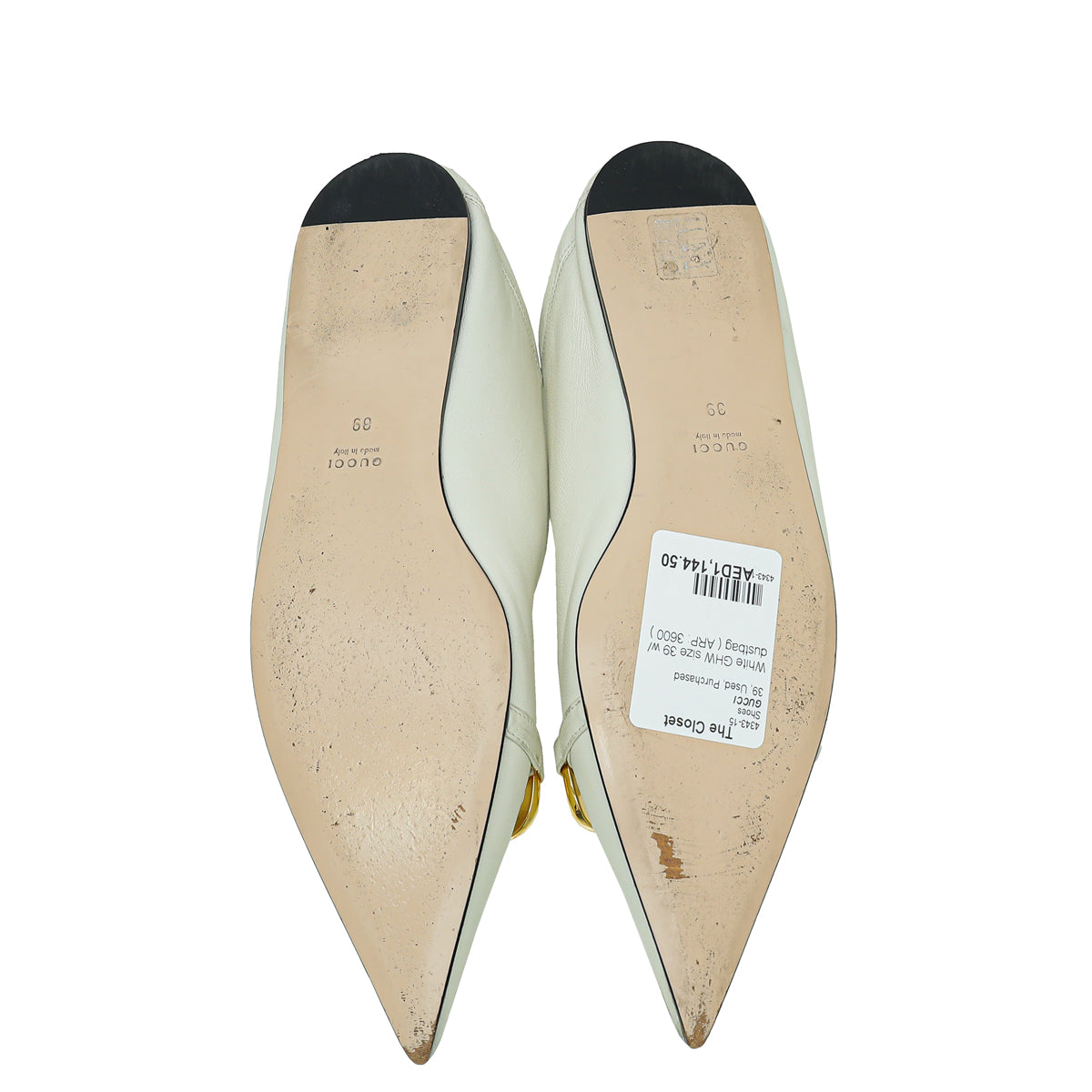 Gucci White Horsebit and Chain Accent Leather Flats 39