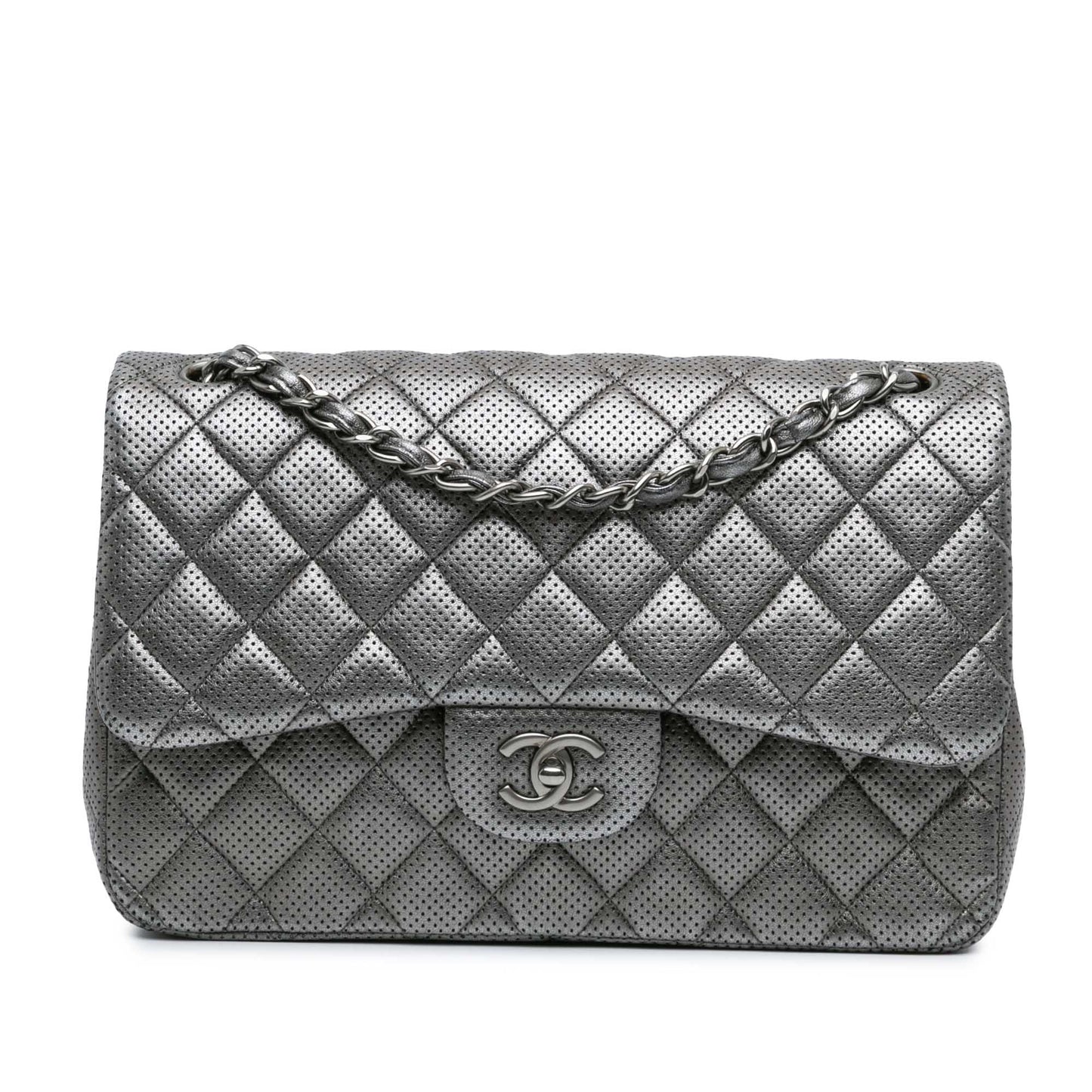 Silver Chanel Jumbo Classic Perforated Lambskin Double Flap Shoulder Bag