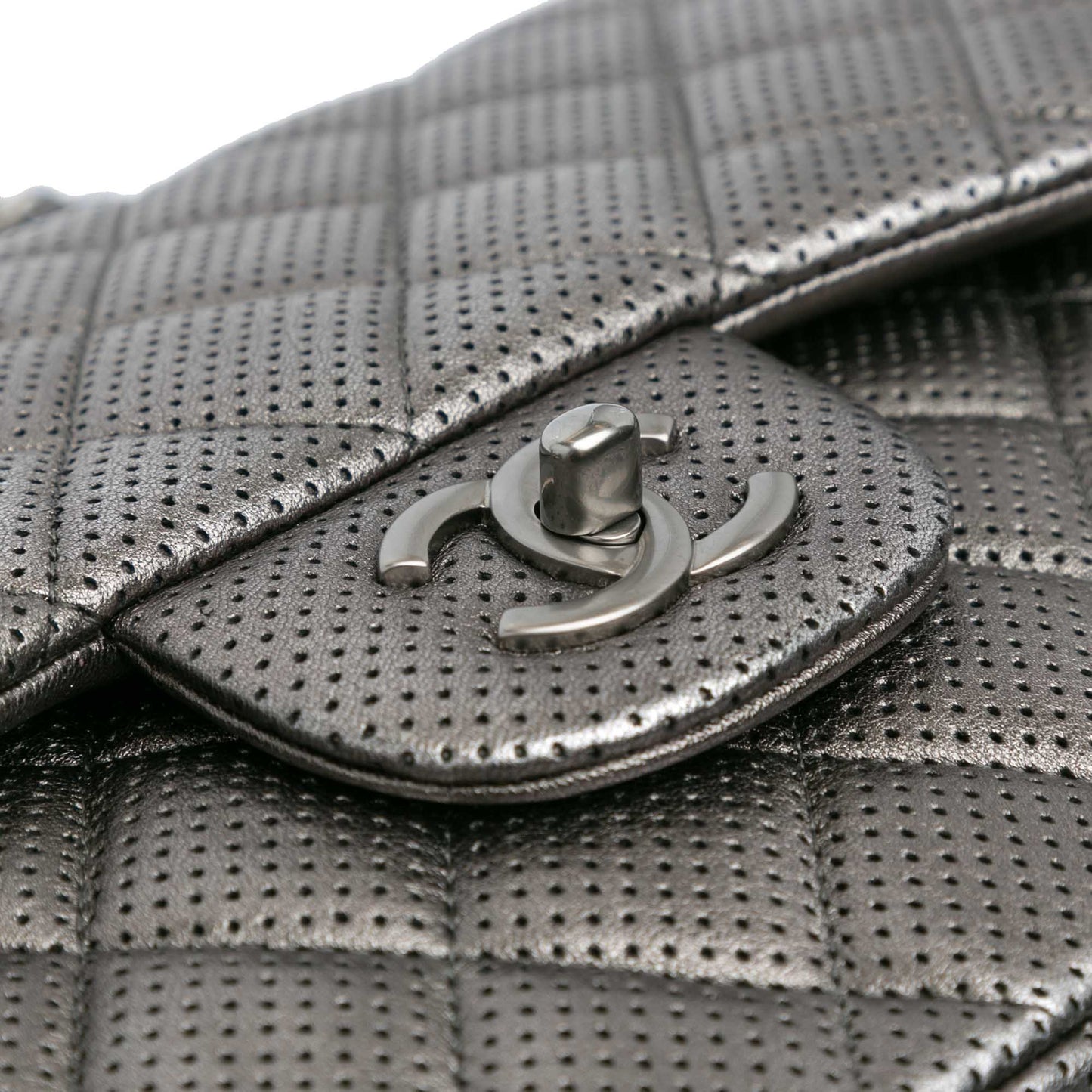 Silver Chanel Jumbo Classic Perforated Lambskin Double Flap Shoulder Bag