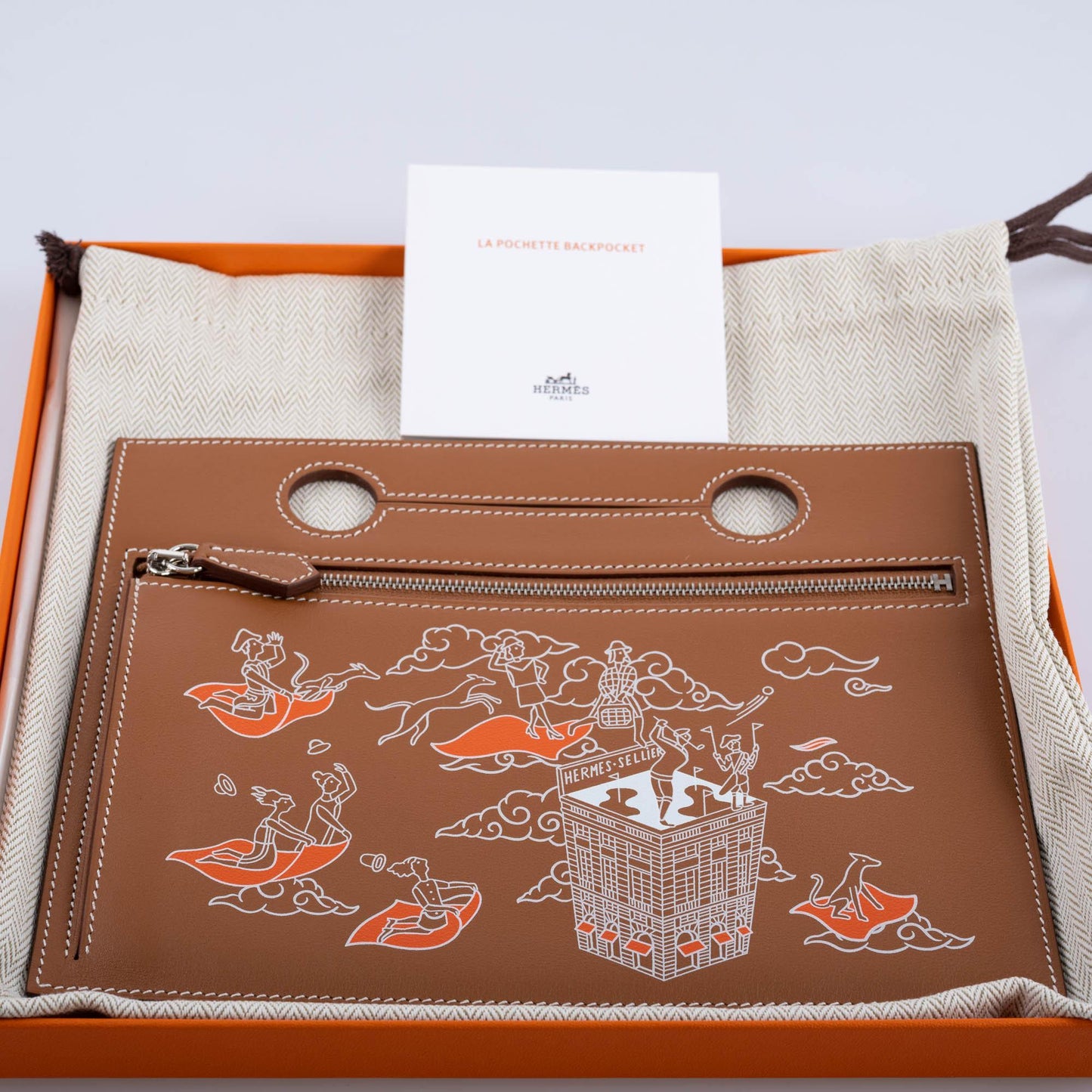 Hermes Birkin Pochette Backpocket Printed Gold Swift with Palladium Hardware - 2021, Z