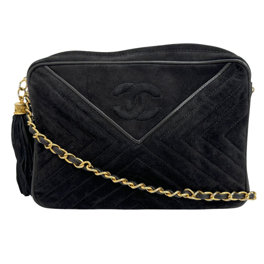 CHANEL Shoulder Bag Suede black Vstitch ChainShoulder Women Used