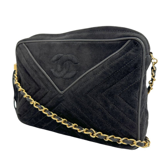 CHANEL Shoulder Bag Suede black Vstitch ChainShoulder Women Used