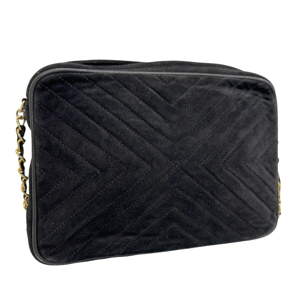CHANEL Shoulder Bag Suede black Vstitch ChainShoulder Women Used