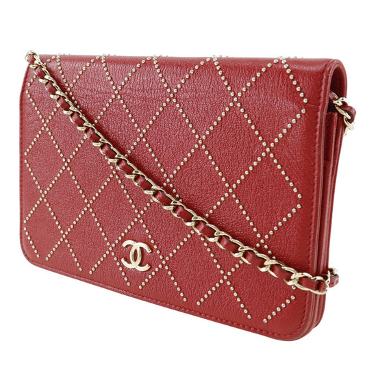 CHANEL Shoulder Bag Calfskin Red Matrasse Studs