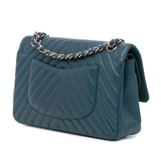 Blue Chanel Medium Classic Chevron Caviar Double Flap Shoulder Bag