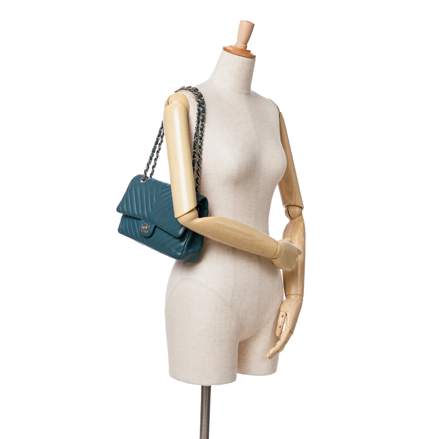 Blue Chanel Medium Classic Chevron Caviar Double Flap Shoulder Bag
