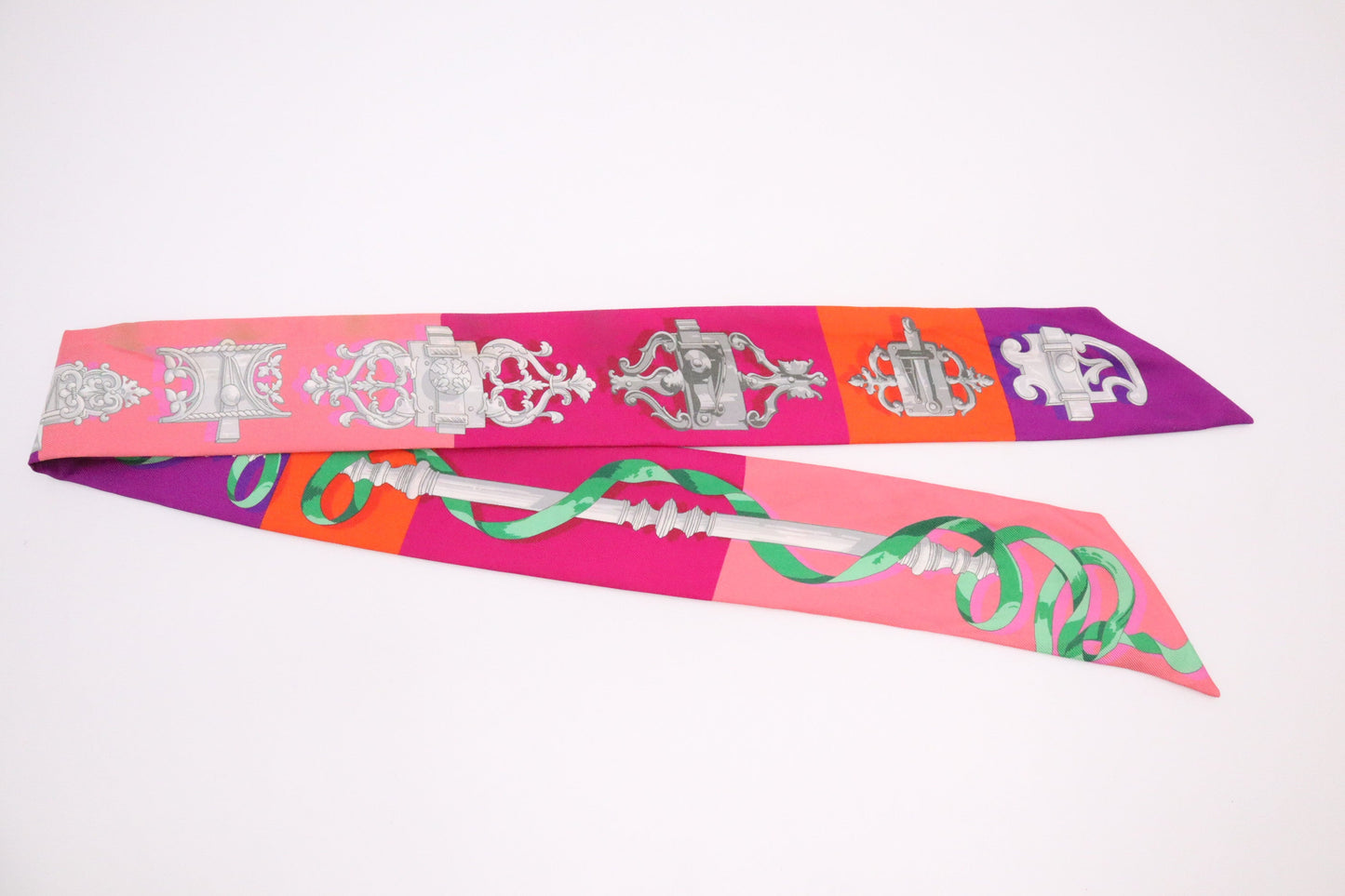 Hermes 'Ferronnerie' Twilly in Pink, Purple, and Orange Silk