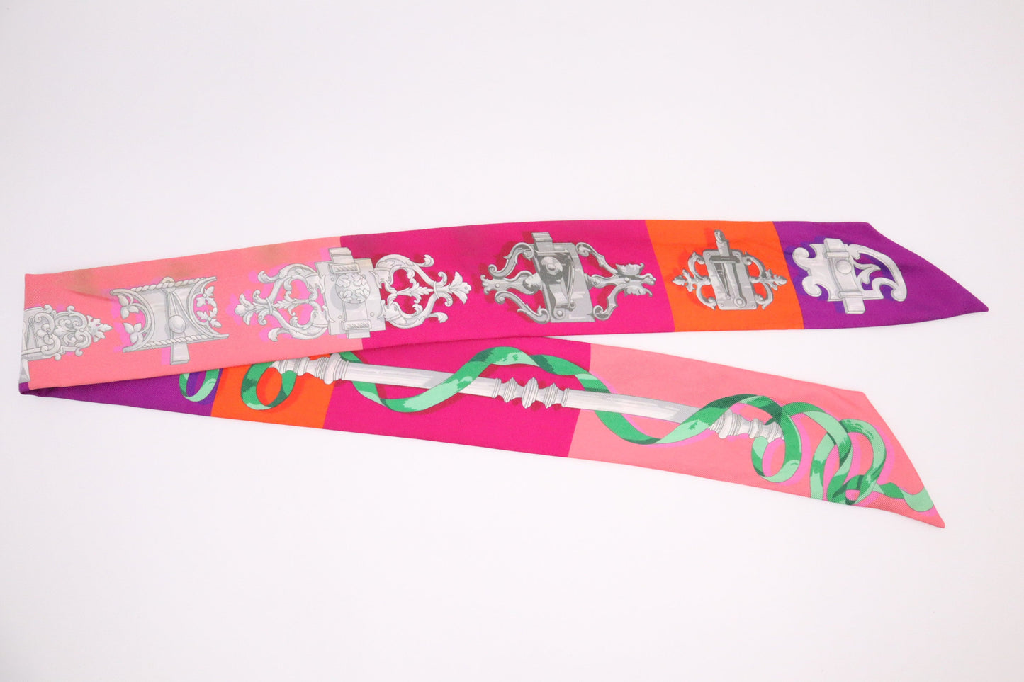 Hermes 'Ferronnerie' Twilly in Pink, Purple, and Orange Silk