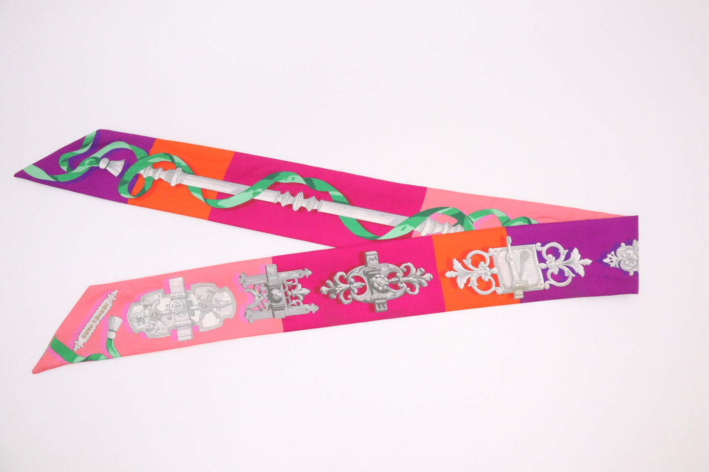 Hermes 'Ferronnerie' Twilly in Pink, Purple, and Orange Silk