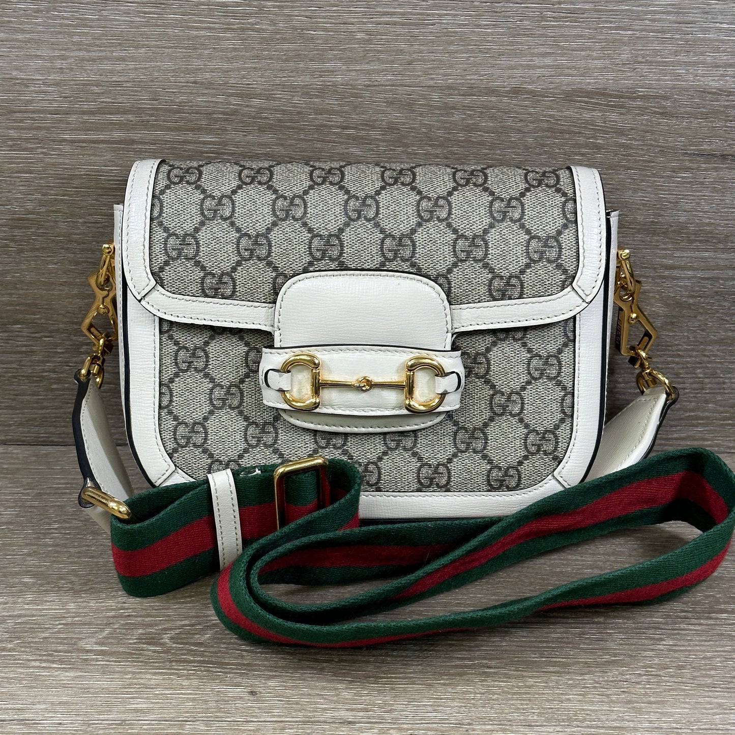 Gucci GG Supreme Monogram Web Mini Horsebit 1955 Shoulder Bag - Beige Mystic White