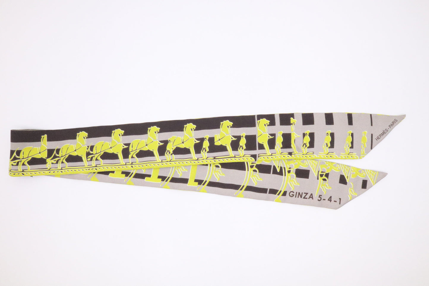 Hermes 'Ginza 5-4-1' Twilly in Grey and Yellow Silk