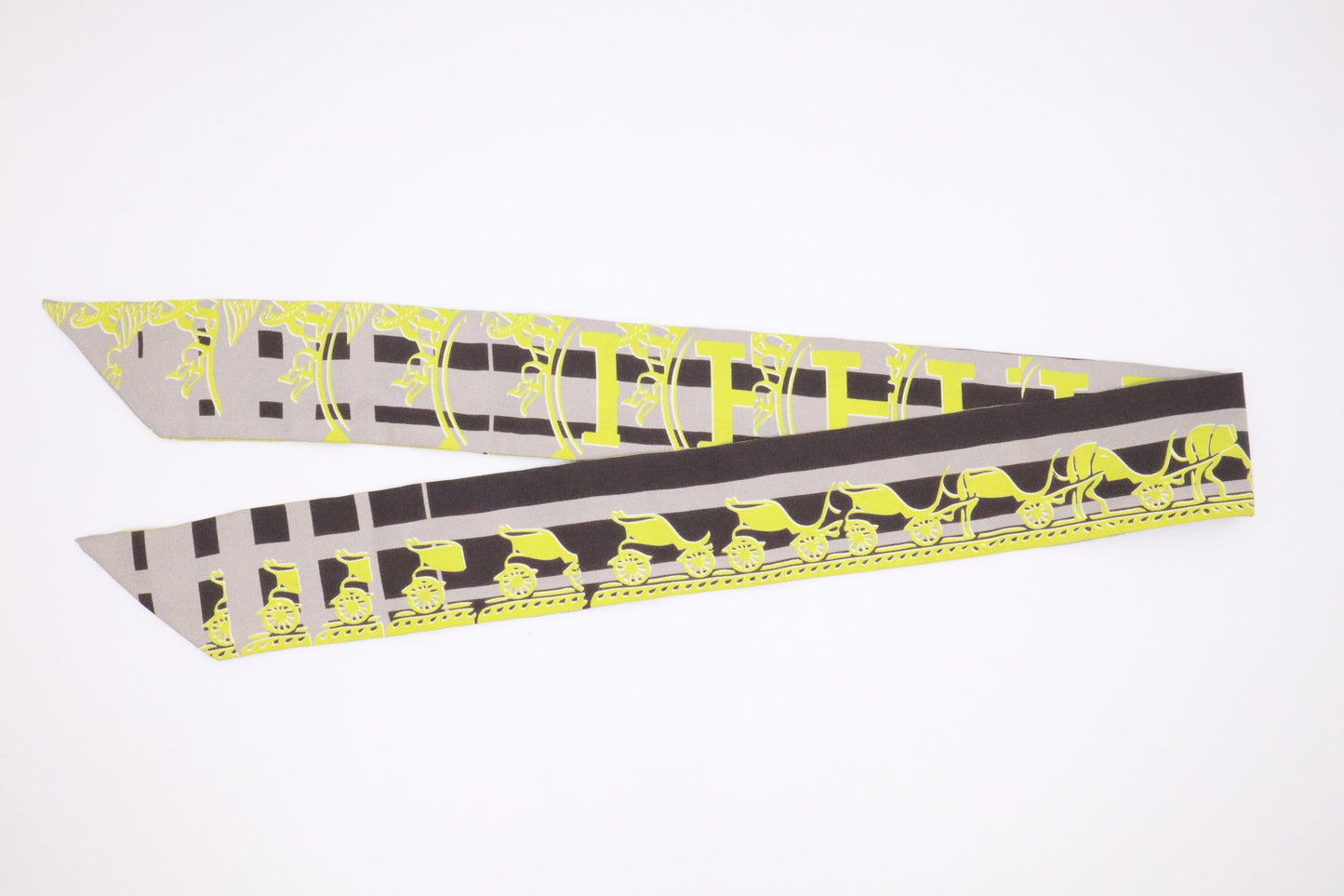 Hermes 'Ginza 5-4-1' Twilly in Grey and Yellow Silk