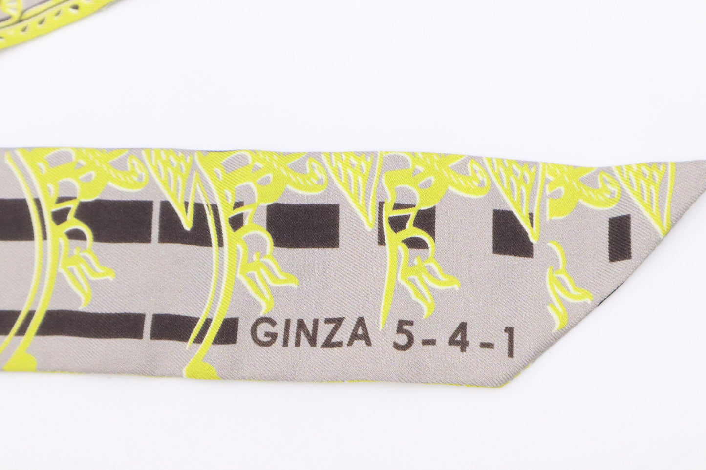 Hermes 'Ginza 5-4-1' Twilly in Grey and Yellow Silk