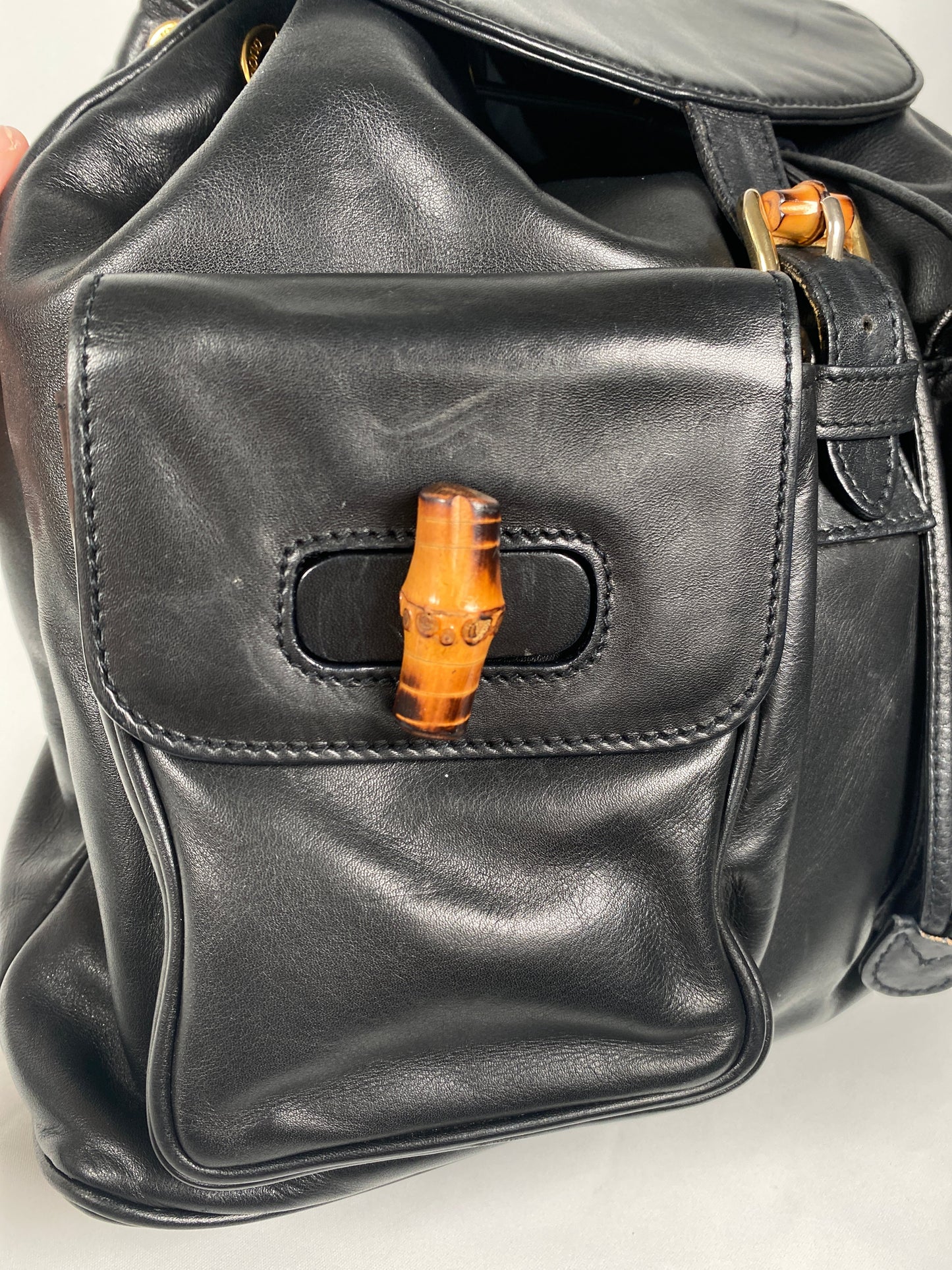 GUCCI - BAMBOO HANDLE BLACK LEATHER BACK PACK