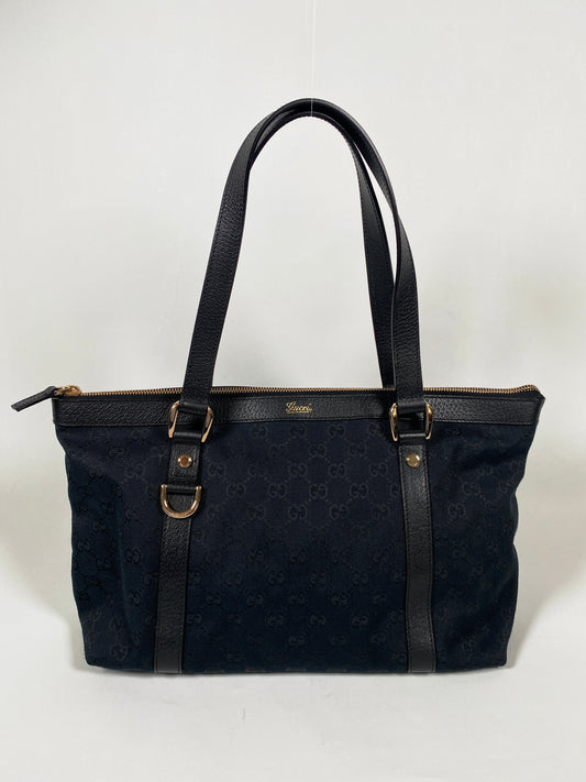 GUCCI - BLACK GG CANVAS ABBEY MED TOTE BAG
