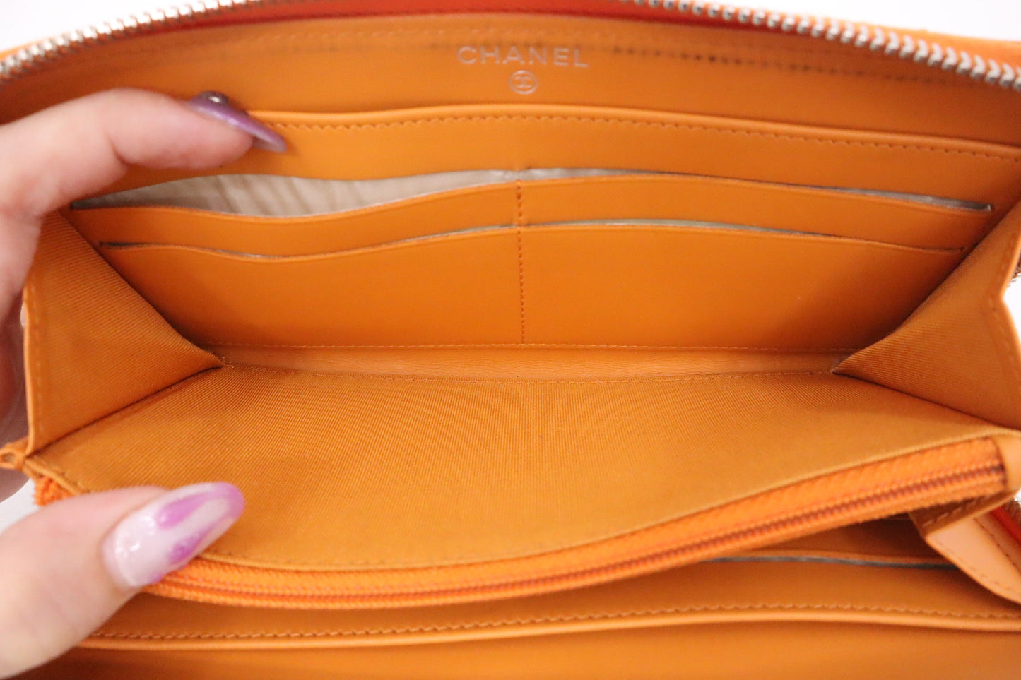 Chanel Long Zippy Wallet in Orange Patent Leather