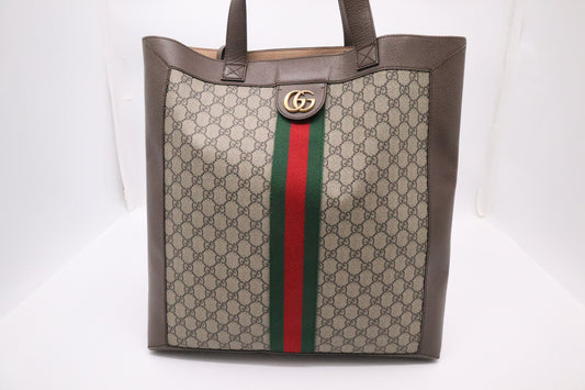 Gucci Ophidia Tote in GG Supreme Canvas and Brown Leather
