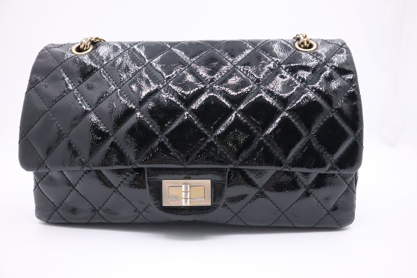 Chanel 2.55 Large Patent Flap in Black Matelasse Leather