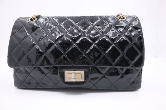 Chanel 2.55 Large Patent Flap in Black Matelasse Leather